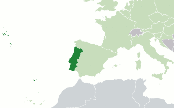 Em verde escuro, Portugal e suas ilhas. Imagem: Wikimedia Commons (cc)