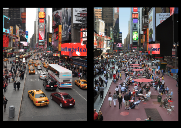 Times Square, em Nova York, antes e depois da abertura às pessoas. Segunda a ex-secretária de Transportes, Janette Sadik-Khan, “todos disseram que seria o fim do mundo”, mas o trânsito acabou fluindo melhor, vendas no comércio aumentaram 50% e valor dos aluguéis nos arredores dobrou. Imagem: Janette-Sadik-Khan/Reprodução