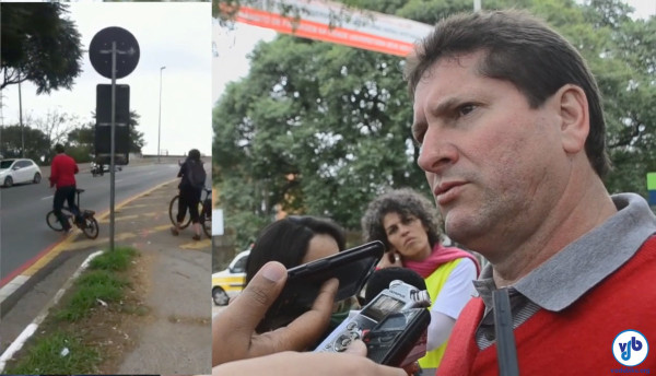 Para Jilmar Tatto, São Paulo está bastante atrasada em termos de bicimobilidade. À esquerda, secretário cruza as faixas de uma avenida, na saída de uma ponte. Imagens: Rachel Schein