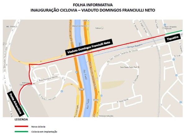 Mapa das intervenções no Viaduto Domingos Franciulli Neto, com indicação de futuras ciclovias. Imagem: SMT/Divulgação