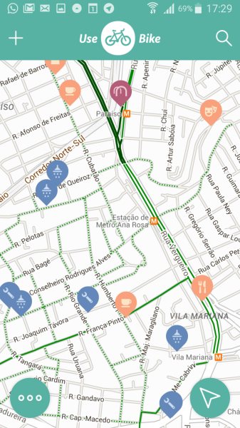 App mostra onde estacionar a bicicleta, oficinas e outros pontos de interesse. Imagem: reprodução