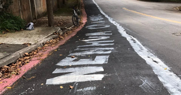 Além da faixa branca separando a área de proteção a quem circula de bicicleta, foram pintadas frases como "nenhum cm a menos". Foto: Mauricio Andrade/Bike Zona Oeste