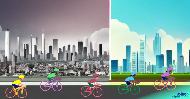 ciclistas em suas bicicletas pedalando em direção a uma cidade mais verde, limpa e sustentável