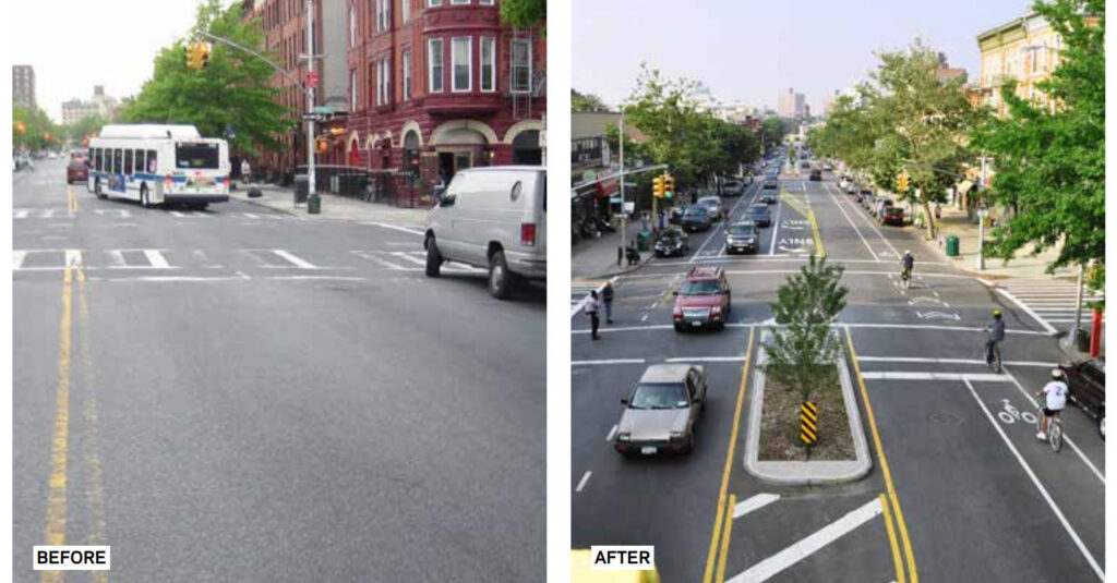 Ciclovia (ciclofaixa) na Vanderbilt Avenue, Brooklyn, Nova York, fez vendas do comércio local dobrarem